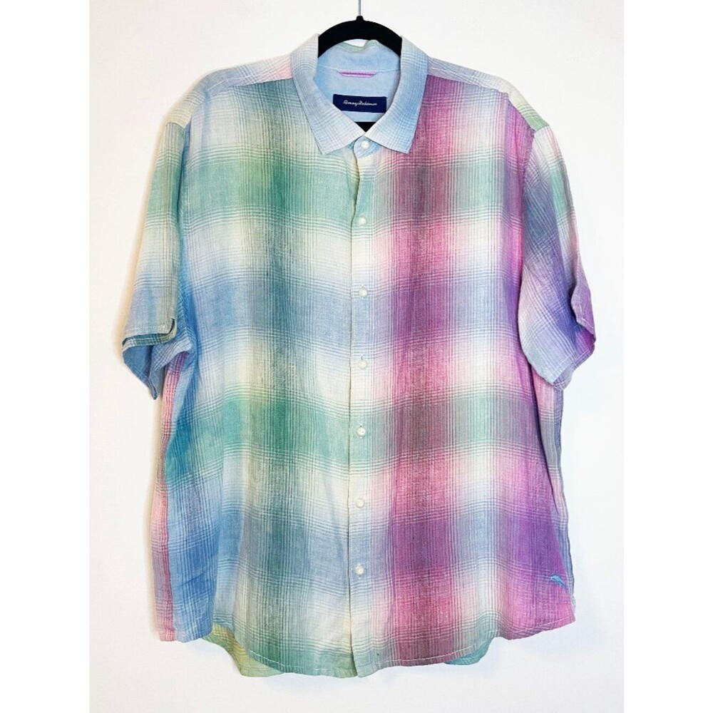 Tommy Bahama 100% Linen Plaid Button Front Shirt XL Multicolor Pastel Coastal